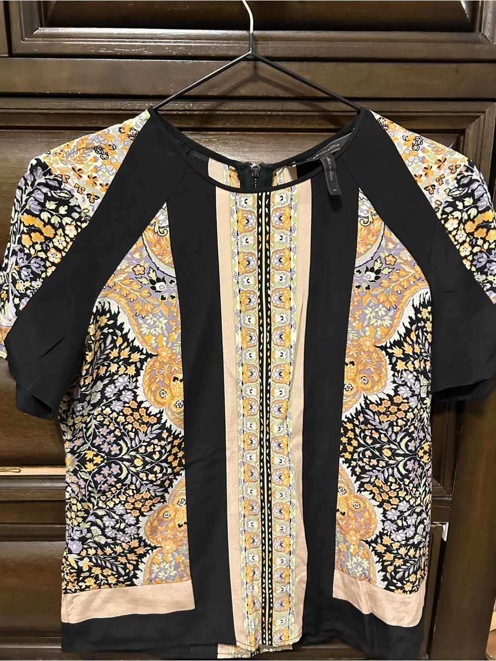 BCBGMaxAzria Black Blouse with Yellow and Purple Floral Panels